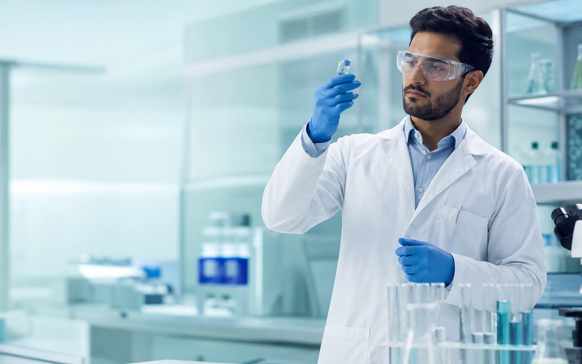 One healthcare and life sciences professional examining a sample in a pharmaceutical laboratory