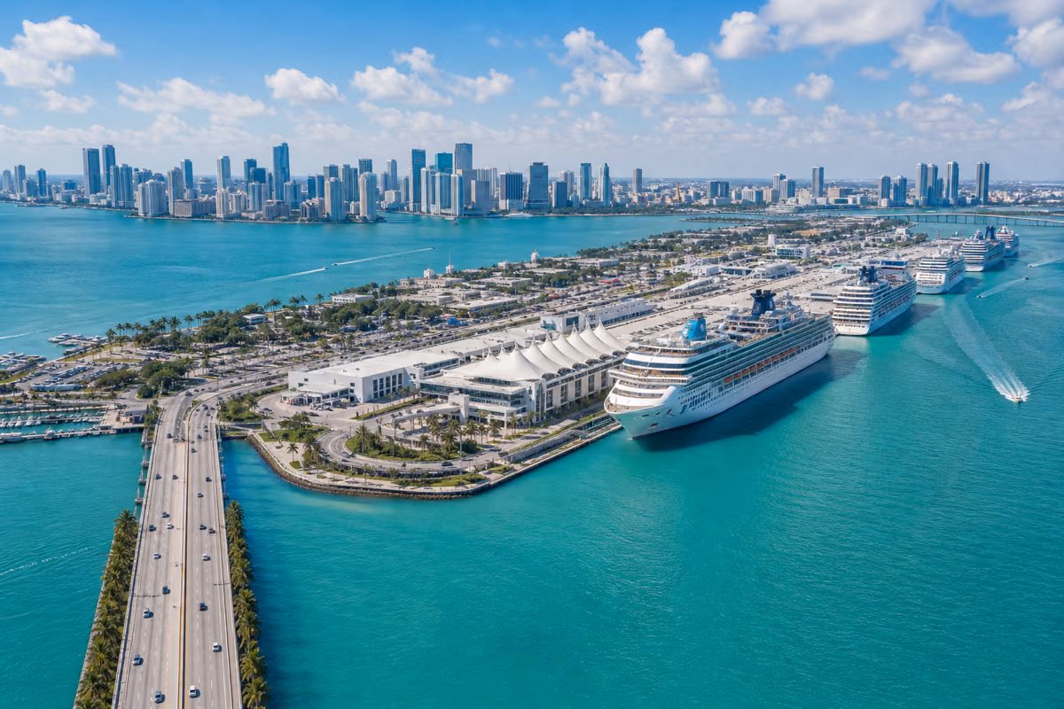 PortMiami cruise ships and terminals viewed from above the MacArthur Causeway