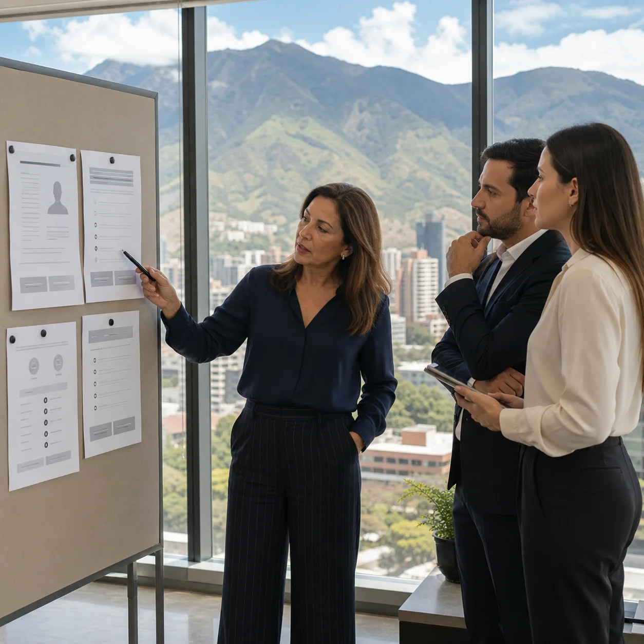 Caracas executive search team reviewing a role profile with El Ávila in the background