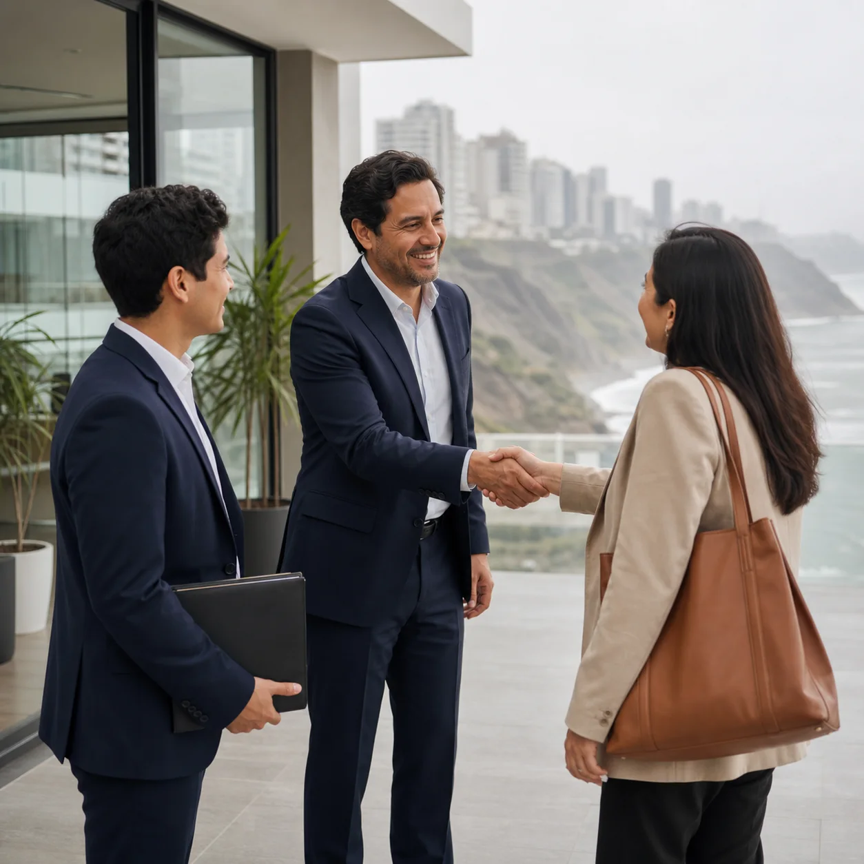 Lima recruiting professionals welcoming a candidate on a Miraflores office terrace