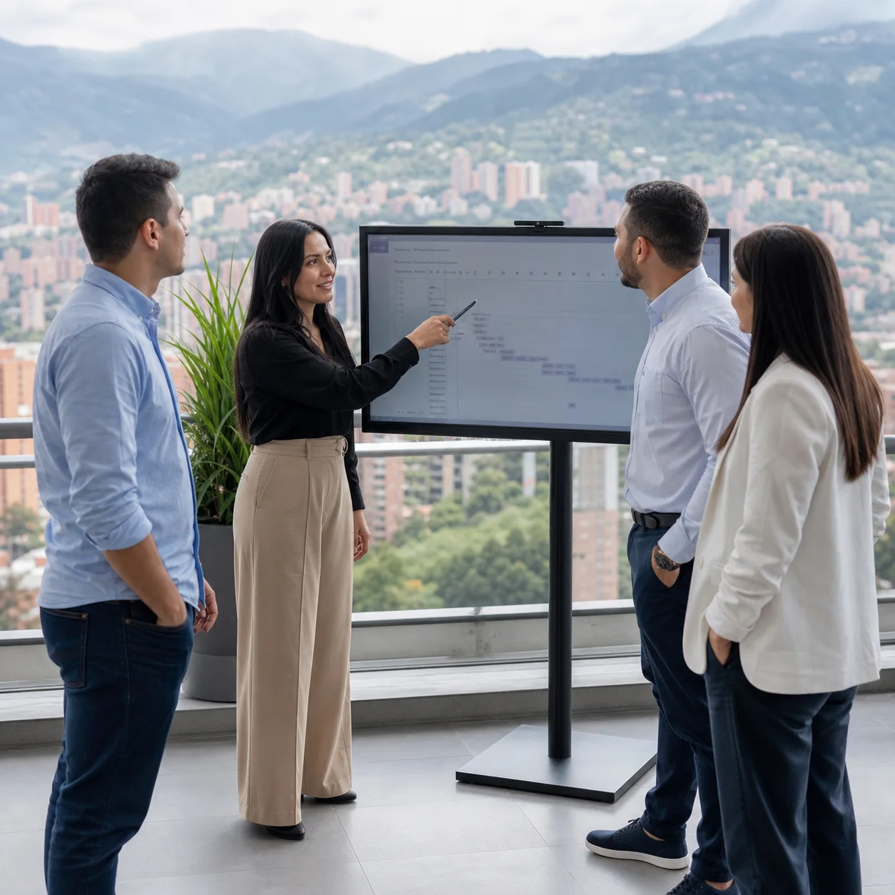 Medellín talent team reviewing a hiring plan overlooking the Aburrá Valley