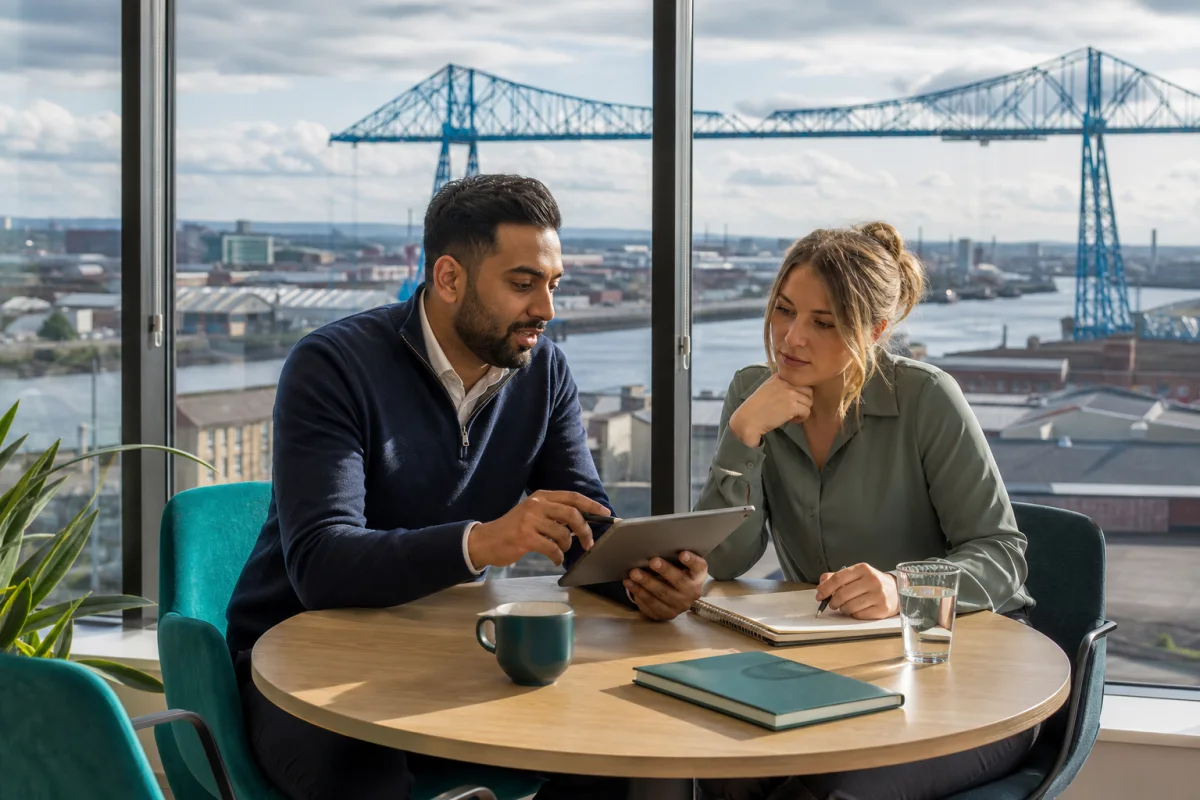 Middlesbrough technology recruiting consultation overlooking the Transporter Bridge and River Tees